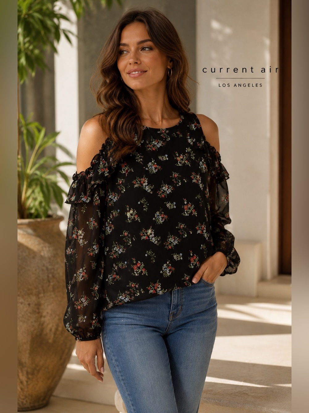 Current Air Black Floral Cold Shoulder Ruffle Blouse S Sheer Boho western Top